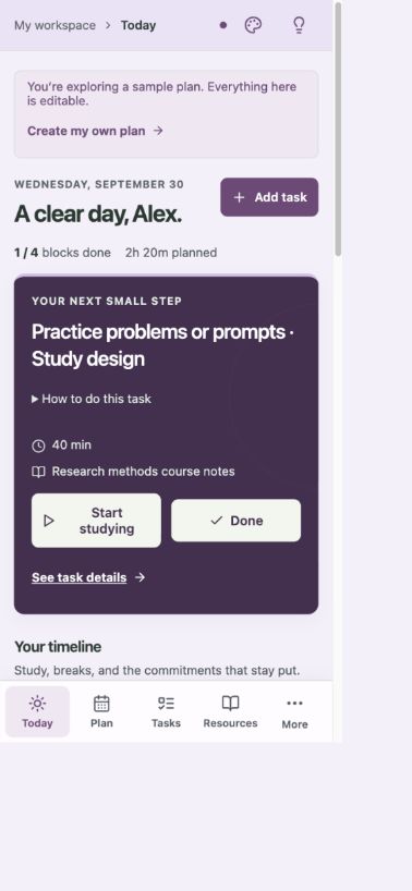 A pastel Studyframe phone layout with a daily study task and timeline